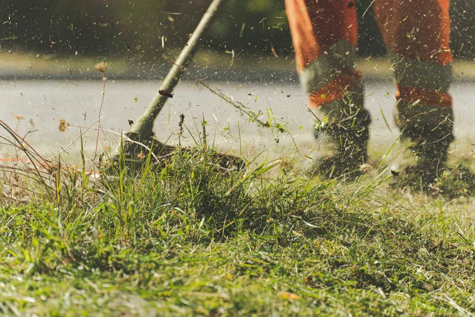 Travail de debroussaillage avec rotofil sur terrain herbace